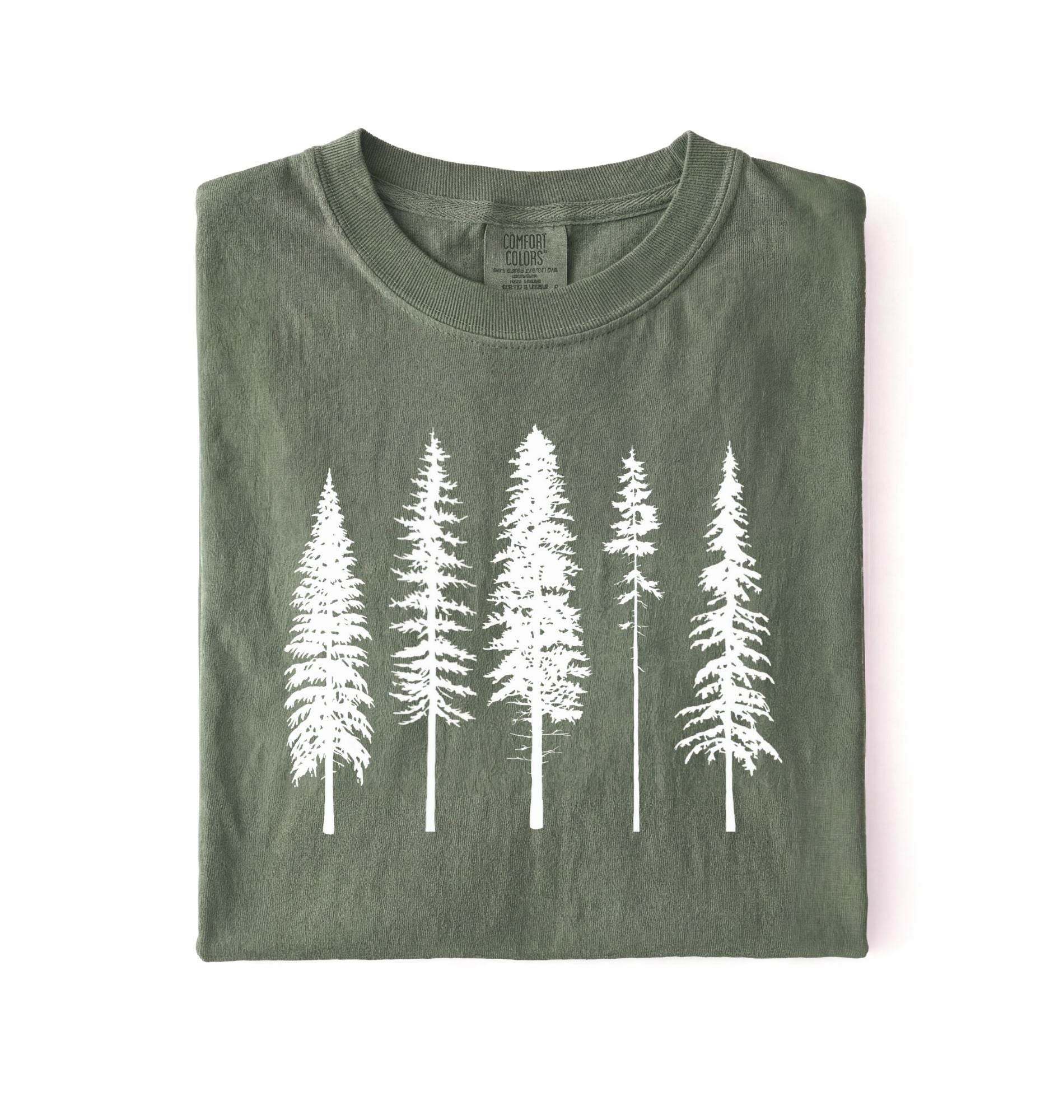 Moss t-shirt with white pine tree forest graphic, minimalist nature design for hiking and outdoor lovers