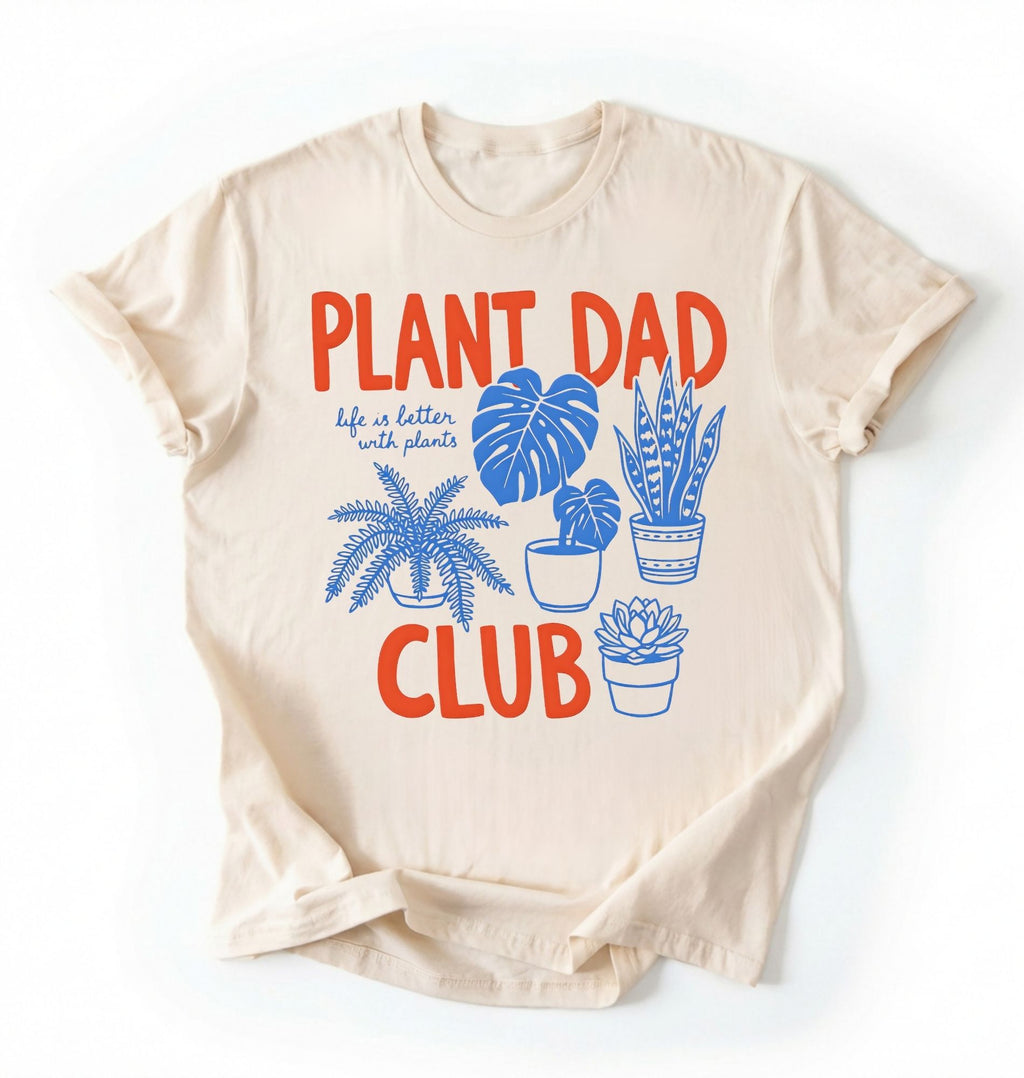 Flat lay of an ivory Funny plant lover shirt featuring botanical illustrations and bold lettering on white background 