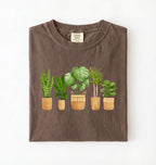 Houseplant lineup t-shirt with illustrated potted plants, cozy espresso tee, perfect gift for plant lovers