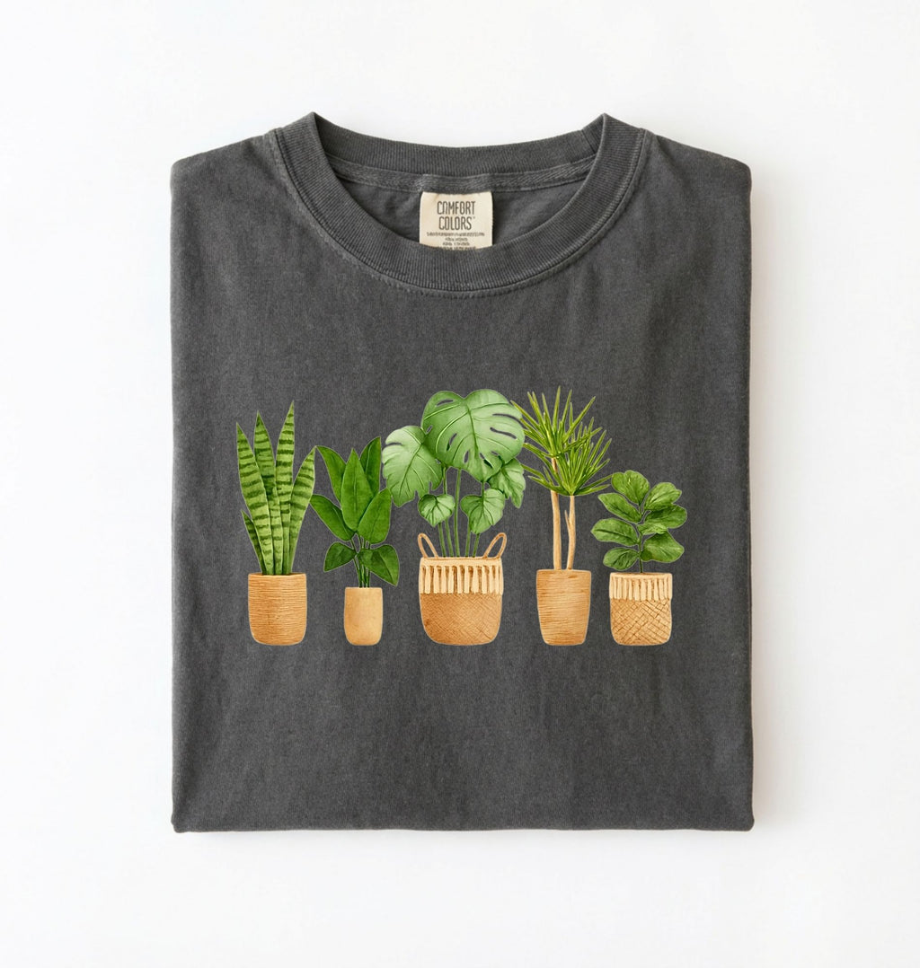 Houseplant lineup t-shirt with illustrated potted plants, cozy pepper tee, perfect gift for plant lovers