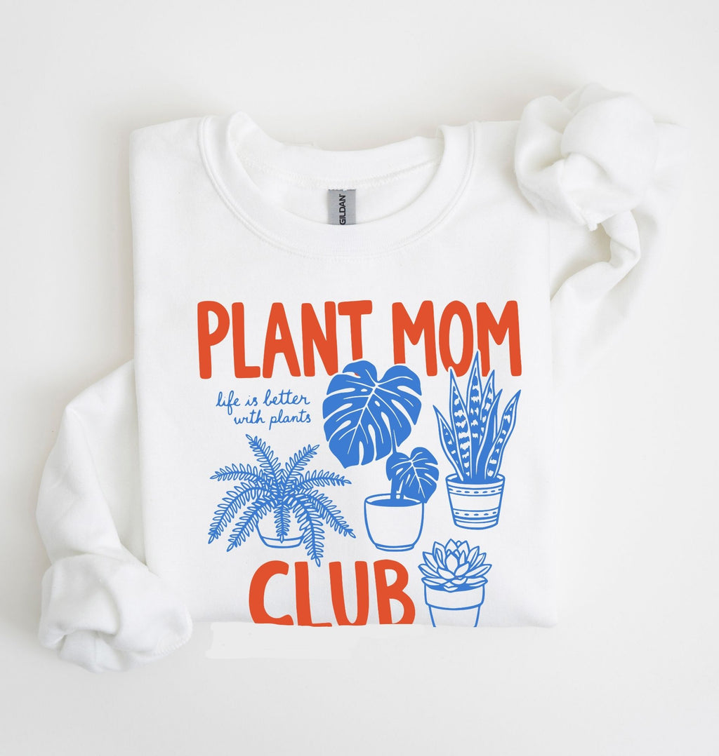 Flat lay of a white Plant mom club sweatshirt with houseplant illustrations perfect gift for plant lovers and indoor plant enthusiasts on a white background
