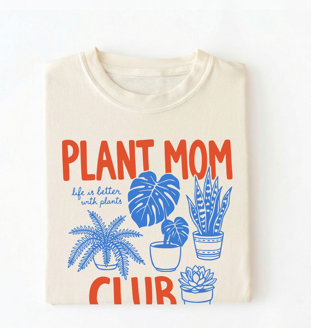 Plant Mom Club t-shirt with illustrated houseplants, perfect plant lover and gardener gift