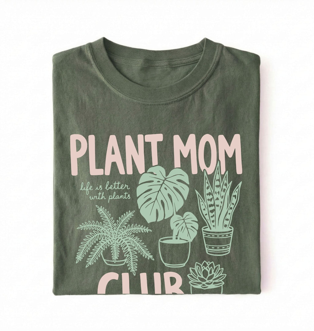 Plant Mom Club t-shirt with illustrated houseplants, perfect plant lover and gardener gift