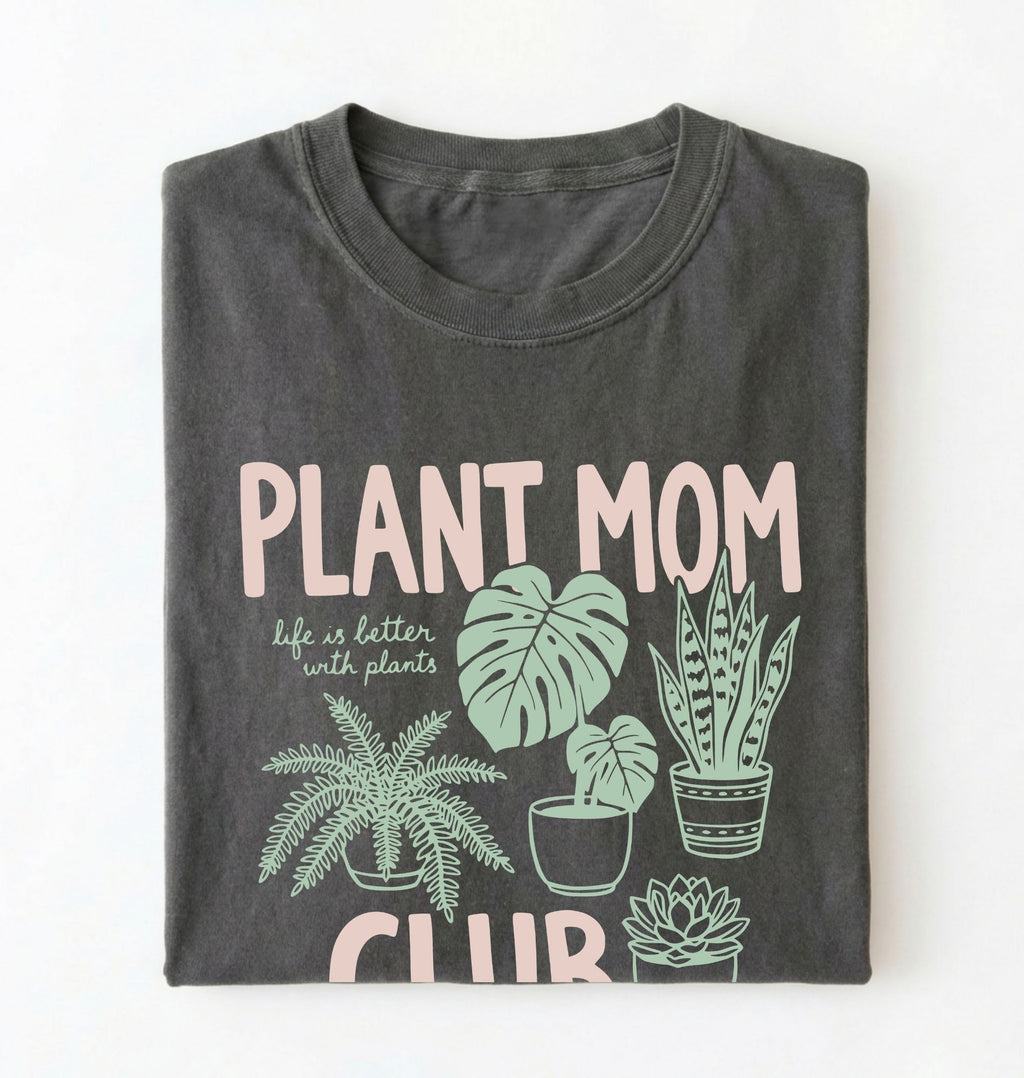Plant Mom Club t-shirt with illustrated houseplants, perfect plant lover and gardener gift