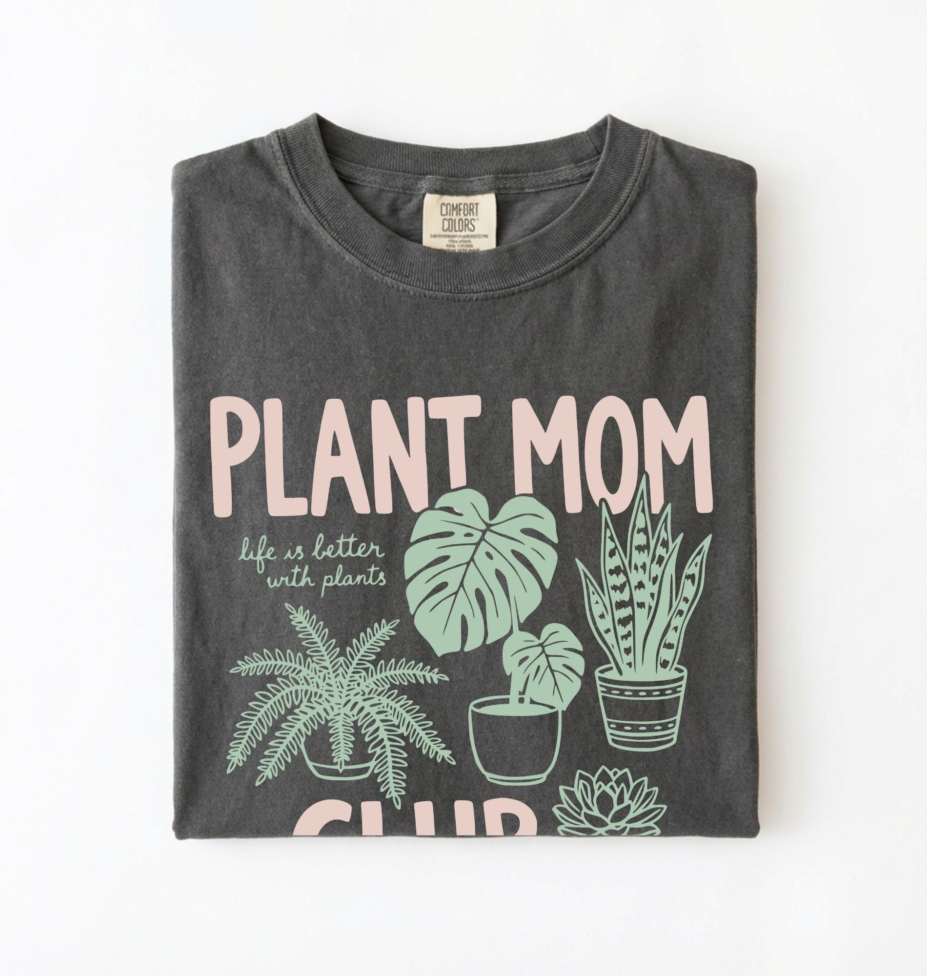 Plant Mom Club t-shirt with illustrated houseplants, perfect plant lover and gardener gift