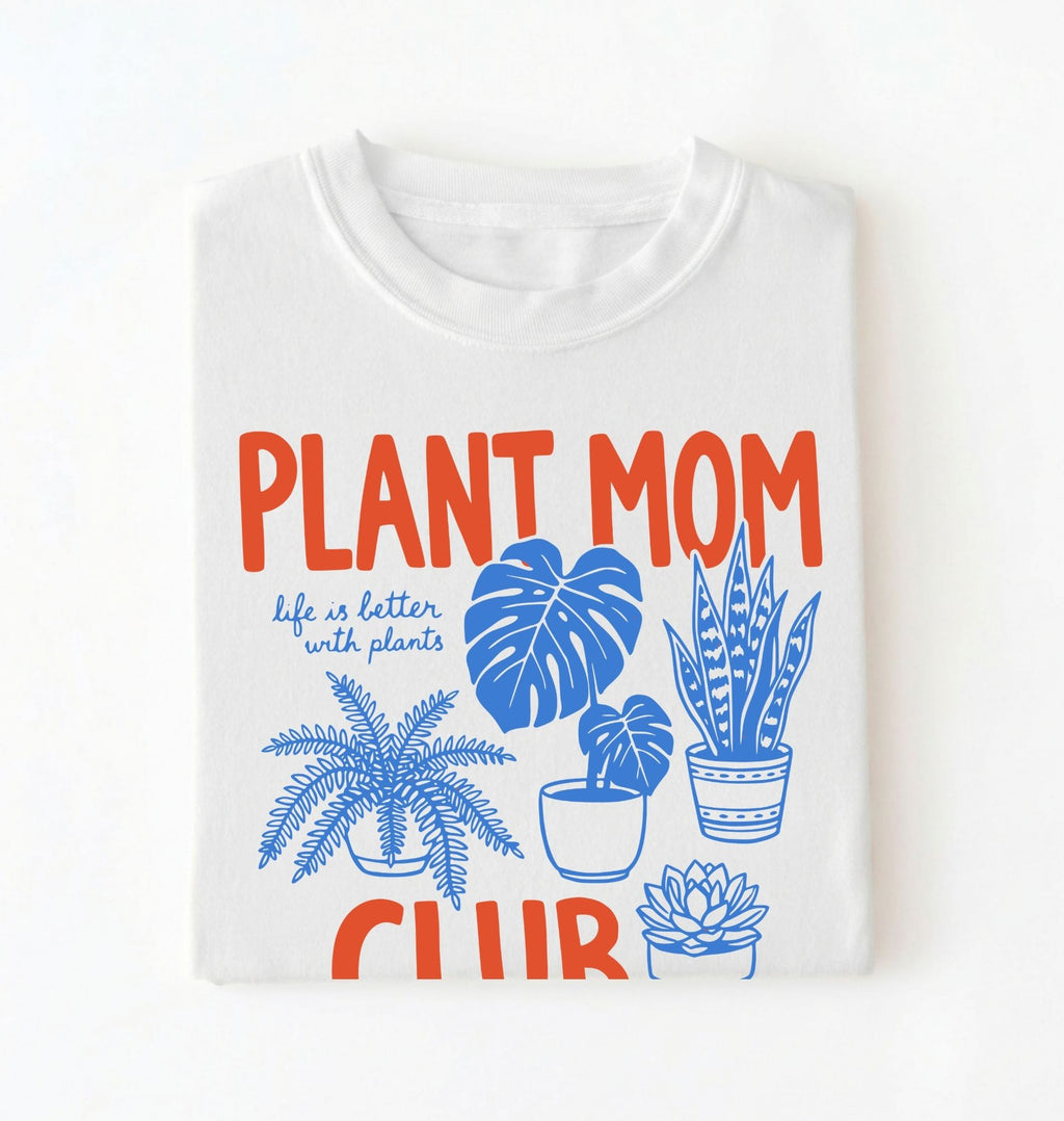 Plant Mom Club t-shirt with illustrated houseplants, perfect plant lover and gardener gift