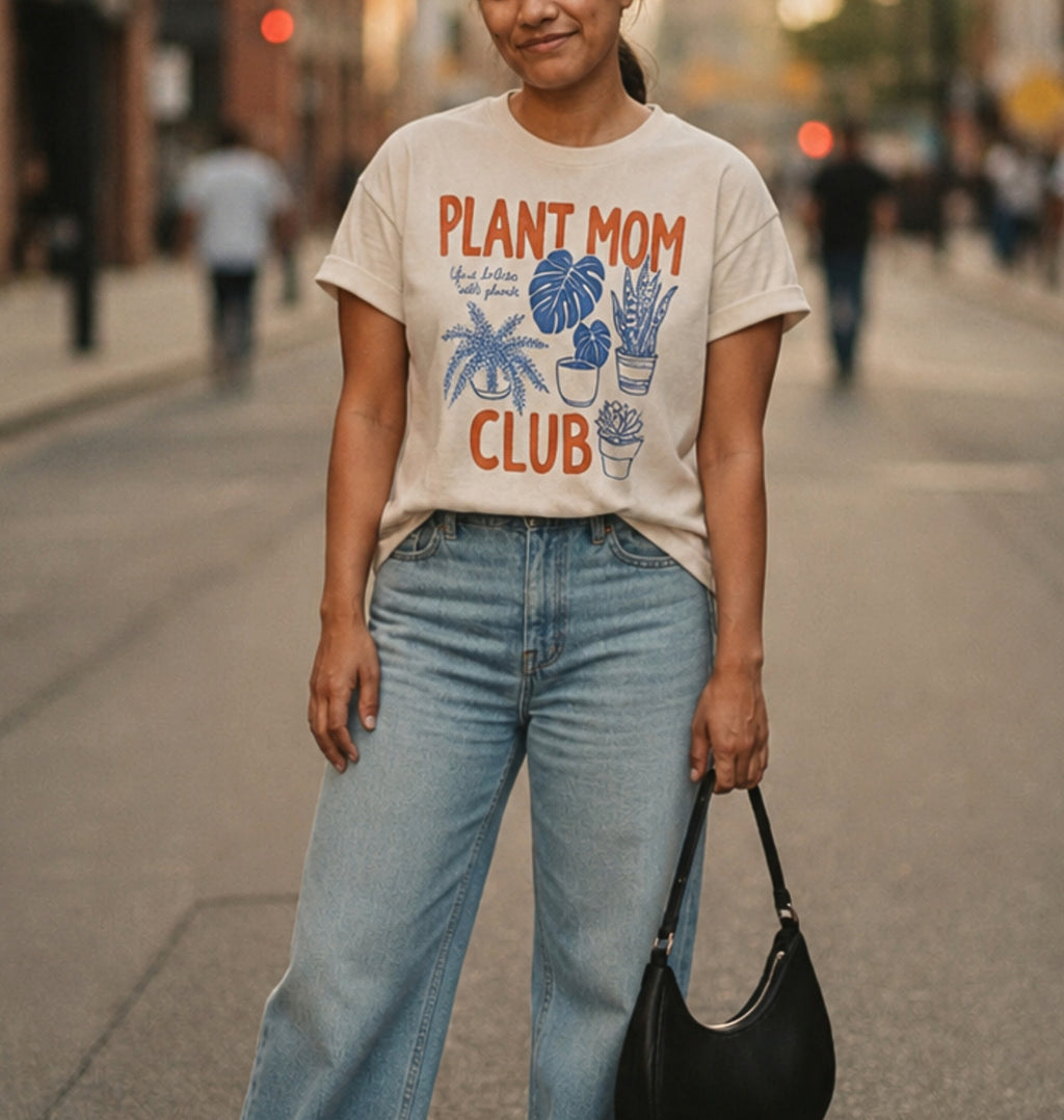 A woman standing on a city street wearing a cream graphic T-shirt that reads "PLANT MOM CLUB" with blue plant illustrations, paired with light blue jeans and holding a black handbag.