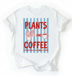 Flat lay of a white t-shirt featuring plant illustrations and a coffee cup with text reading “Plants and Coffee.” with retro stripes plant lover gift white graphic tee for coffee drinker and houseplant enthusiast on a white background 