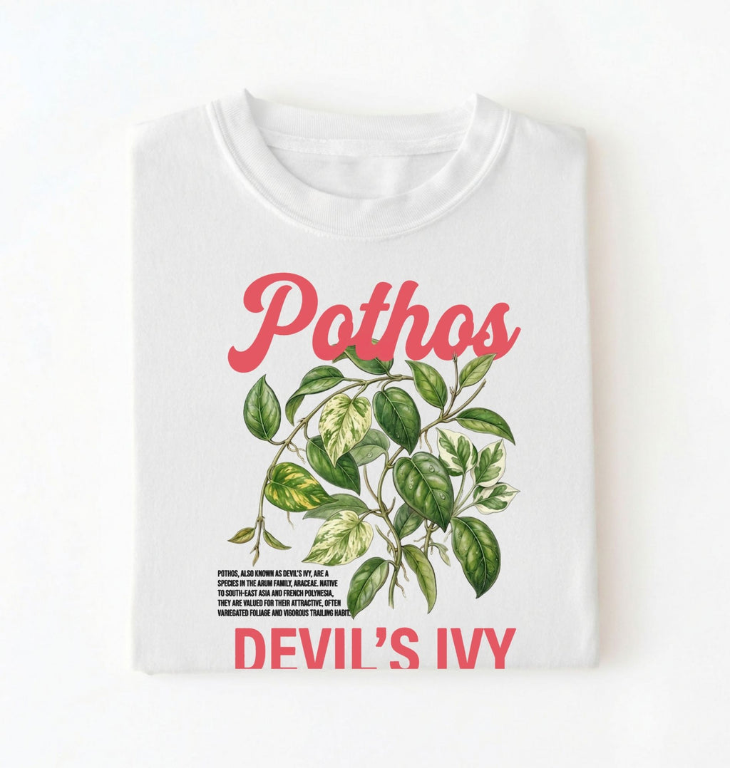 Flat lay of a white t-shirt featuring a botanical leaf illustration of Pothos leaves with text reading “Pothos Devil’s Ivy” perfect gift for plant lovers and houseplant enthusiasts on white background 