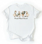 Flat lay white t-shirt with text reading 'Proud Plant Parent' featuring illustrated ducks on a white background