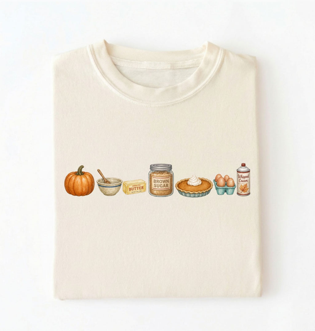 A folded cream-colored t-shirt on a white background, featuring a horizontal watercolor-style graphic of autumn baking ingredients including a pumpkin, butter, brown sugar, pie, eggs, and vanilla.