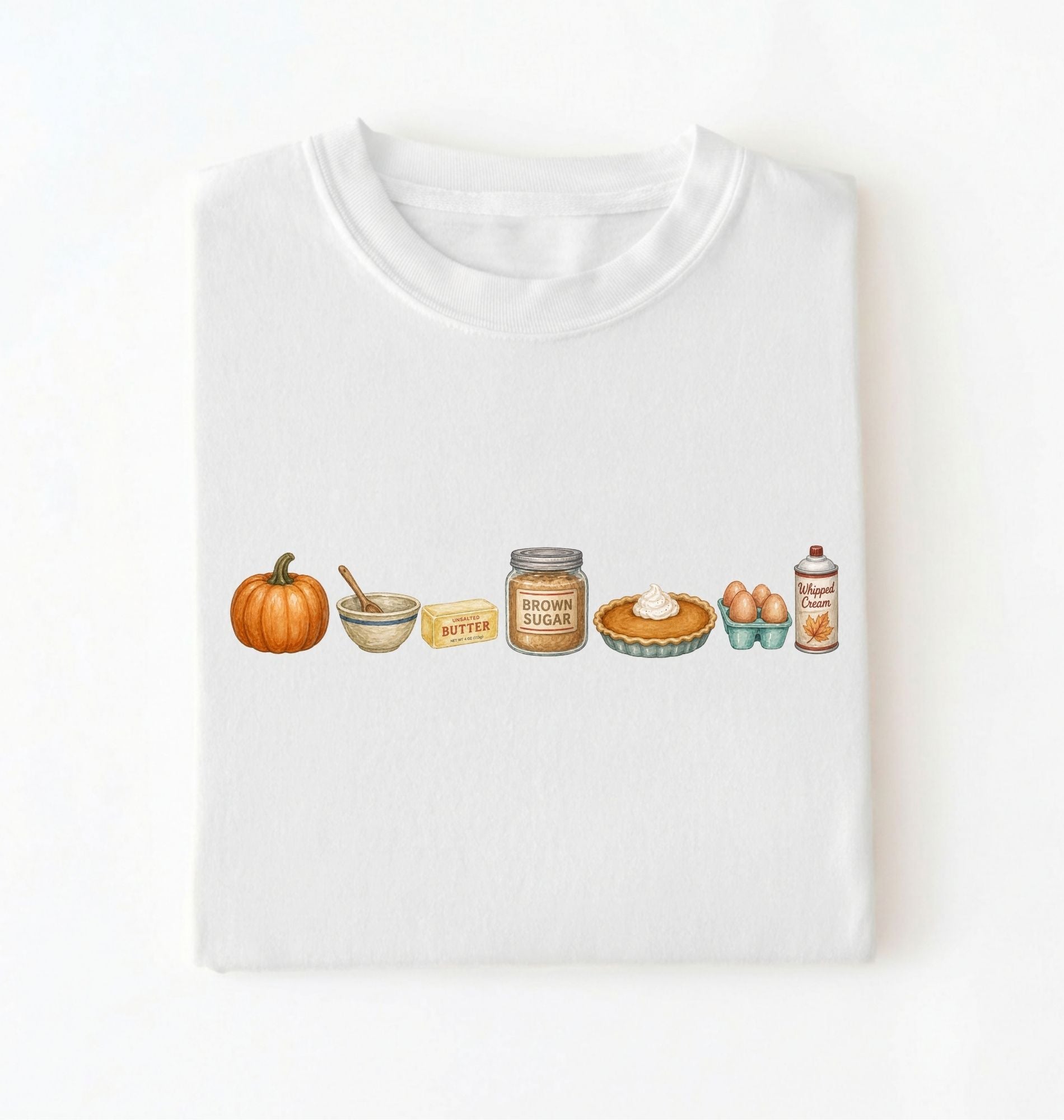 A white crewneck t-shirt laid flat on a white background, featuring a horizontal graphic illustration of autumn baking ingredients and treats, including a pumpkin, butter, brown sugar, pumpkin pie, eggs, and whipped cream.