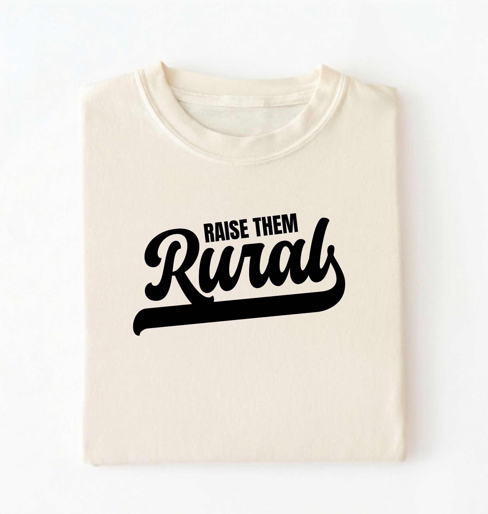 Flat lay of a Raise Them cream country graphic shirt on pepper tee for farm families and rural lifestyle lovers on a white background 