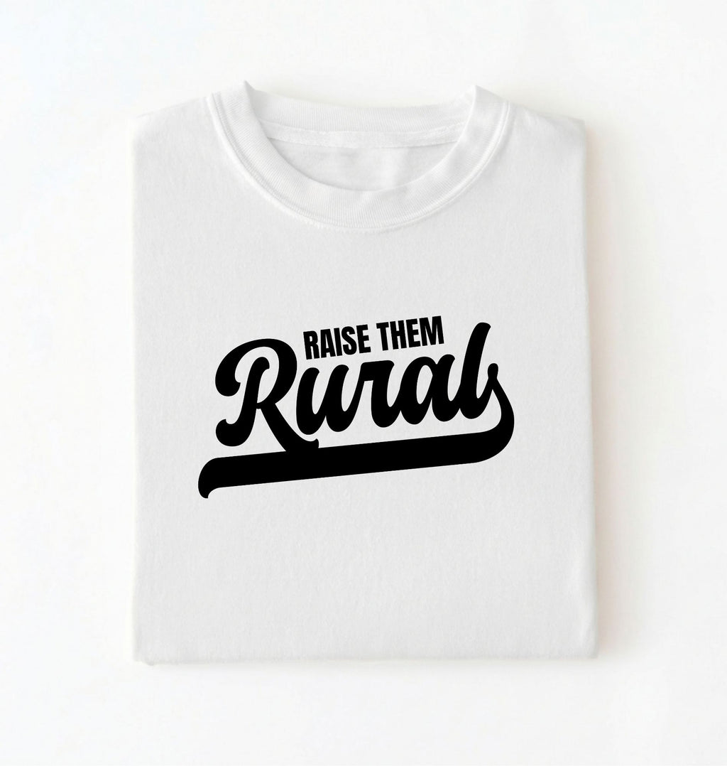 Flat lay of a Raise Them white country graphic shirt on pepper tee for farm families and rural lifestyle lovers on a white background 