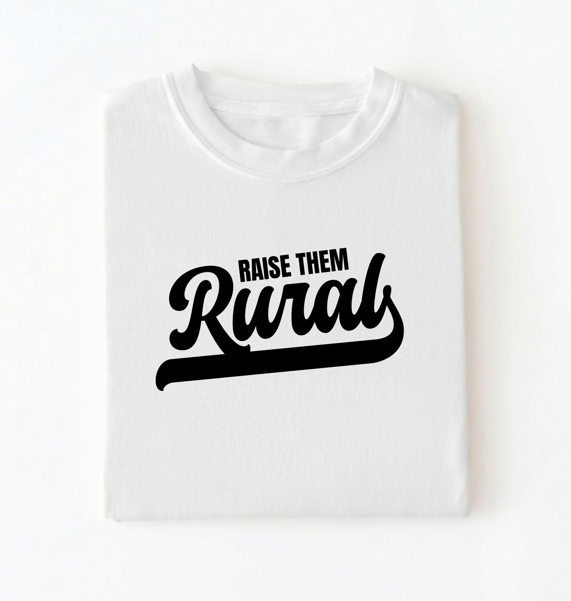 Flat lay of a Raise Them white country graphic shirt on pepper tee for farm families and rural lifestyle lovers on a white background 