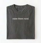 Flat lay of a Raise Them Rural country graphic shirt in charcoal for farm families rural lifestyle and country living on a white background