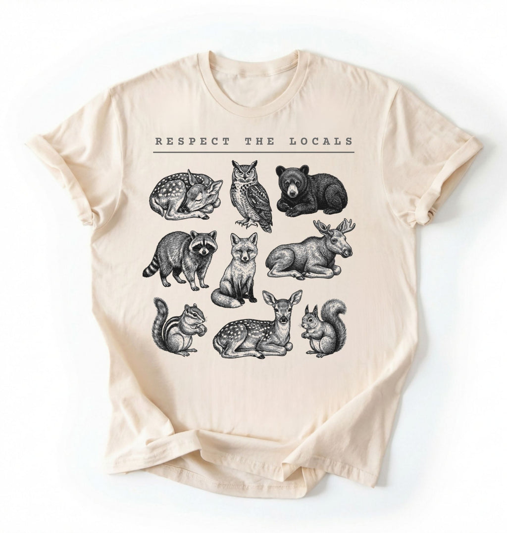 Respect the Locals forest animals shirt with vintage wildlife illustrations on a ivory t-shirt on a white background