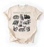 Respect the Locals forest animals shirt with vintage wildlife illustrations on a ivory t-shirt on a white background