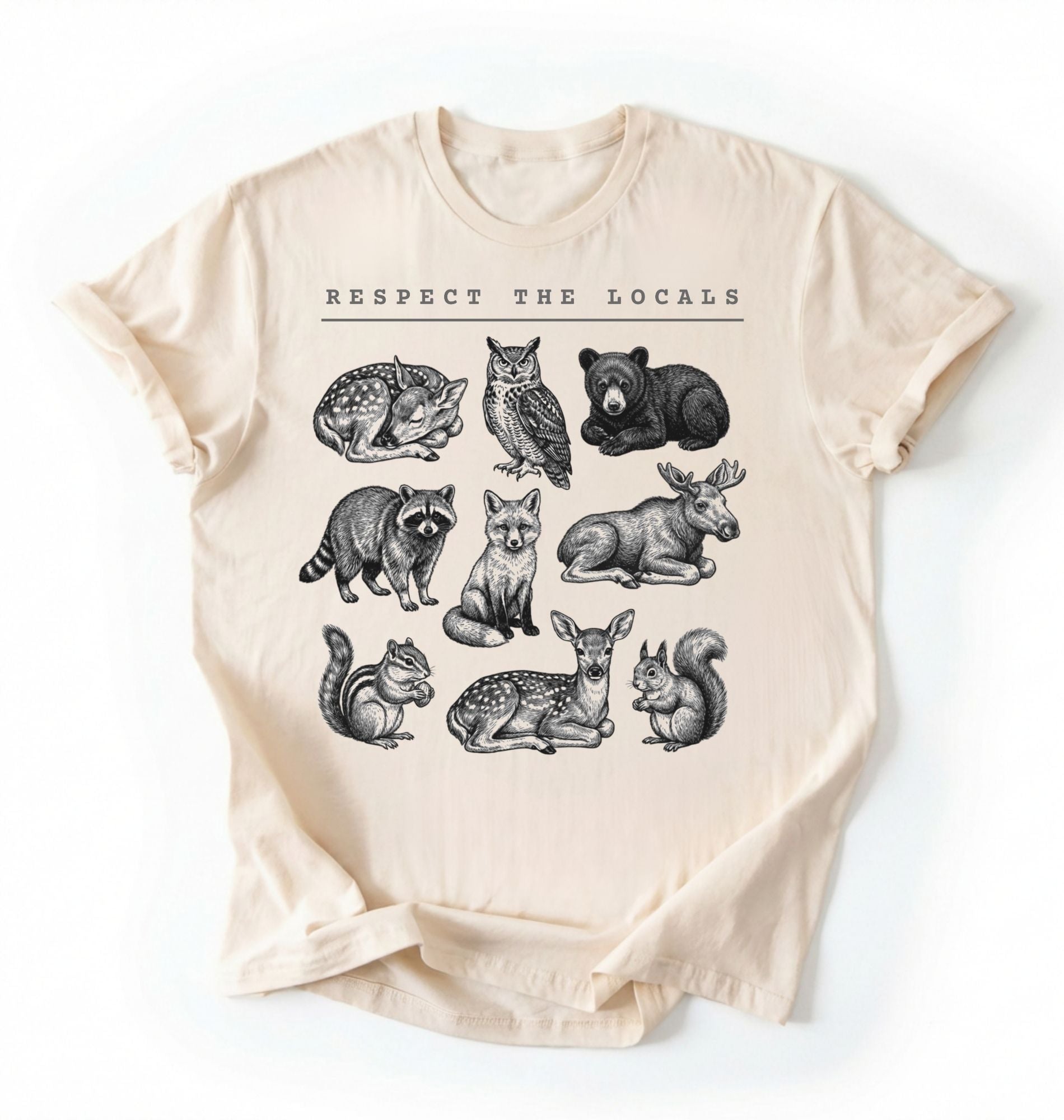 Respect the Locals forest animals shirt with vintage wildlife illustrations on a ivory t-shirt on a white background