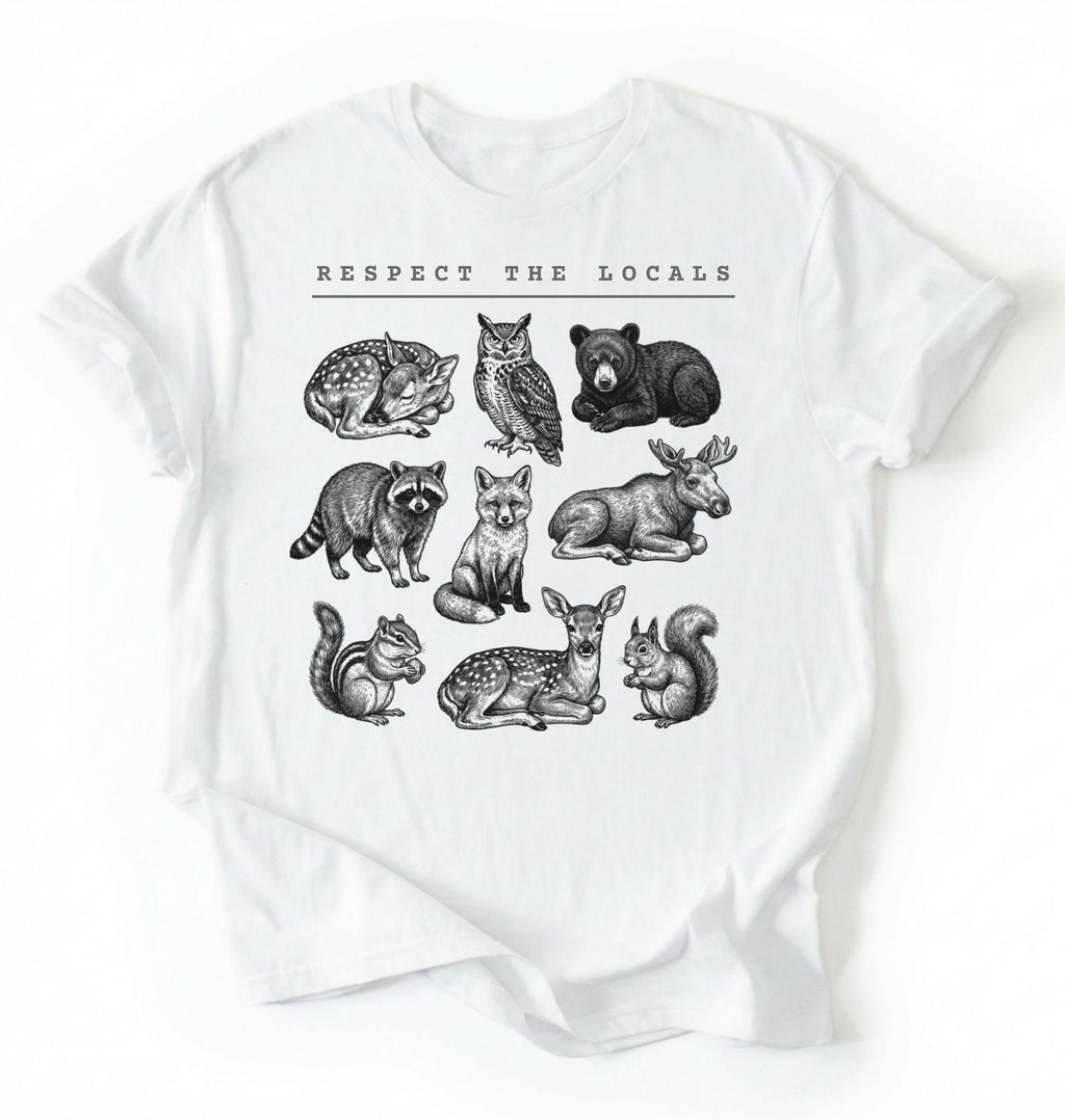 Respect the Locals forest animals shirt with vintage wildlife illustrations on a white t-shirt