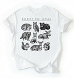 Respect the Locals forest animals shirt with vintage wildlife illustrations on a white t-shirt