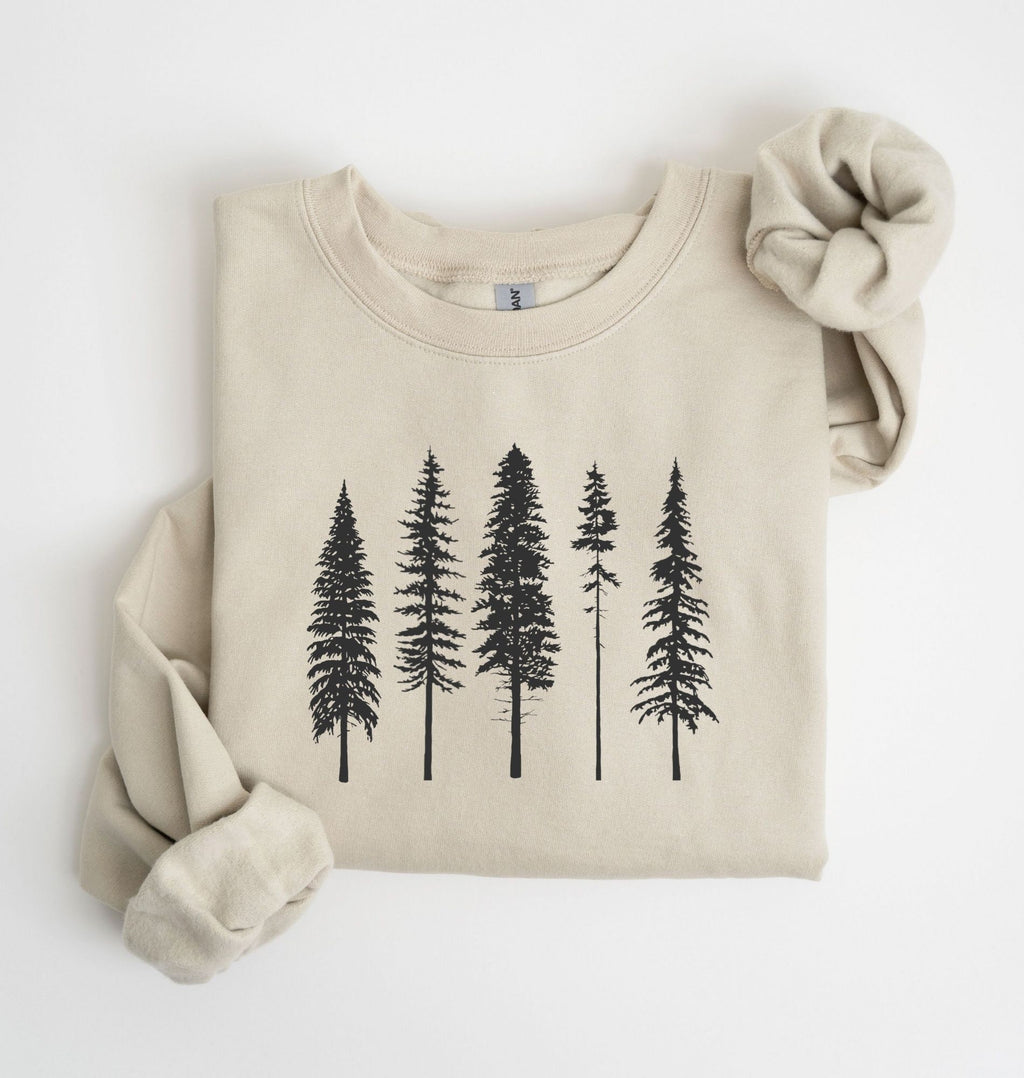 Minimalist pine trees sweatshirt with black forest tree design on sand cozy crewneck
