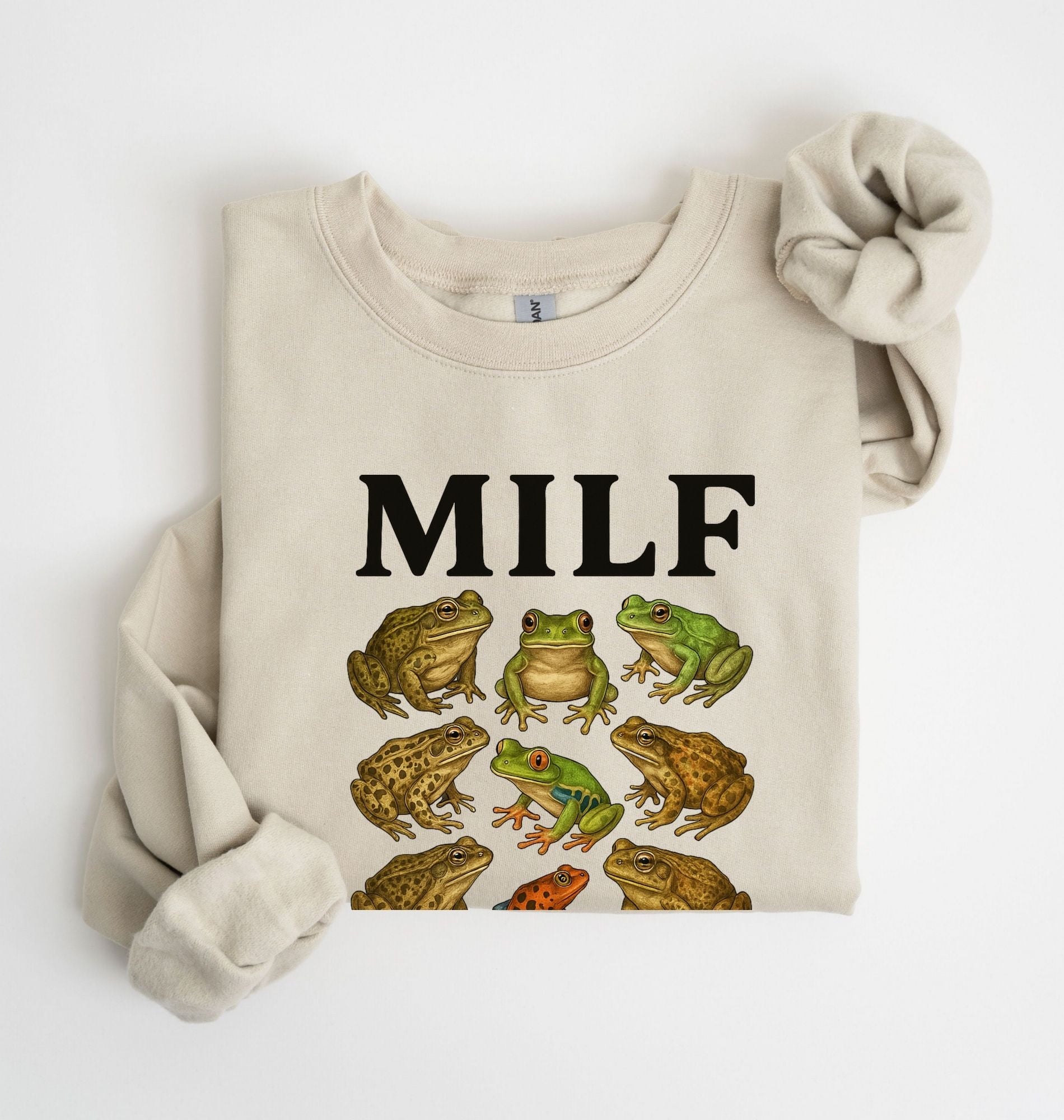 Funny MILF frog sweatshirt with vintage frog illustrations, cozy unisex pullover for frog lovers and gardener gifts
