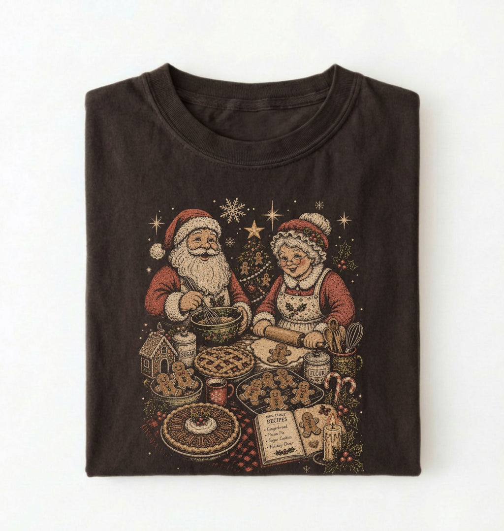 Dark chocolate Christmas baking shirt featuring Santa and Mrs Claus making gingerbread cookies and pies with festive kitchen supplies
