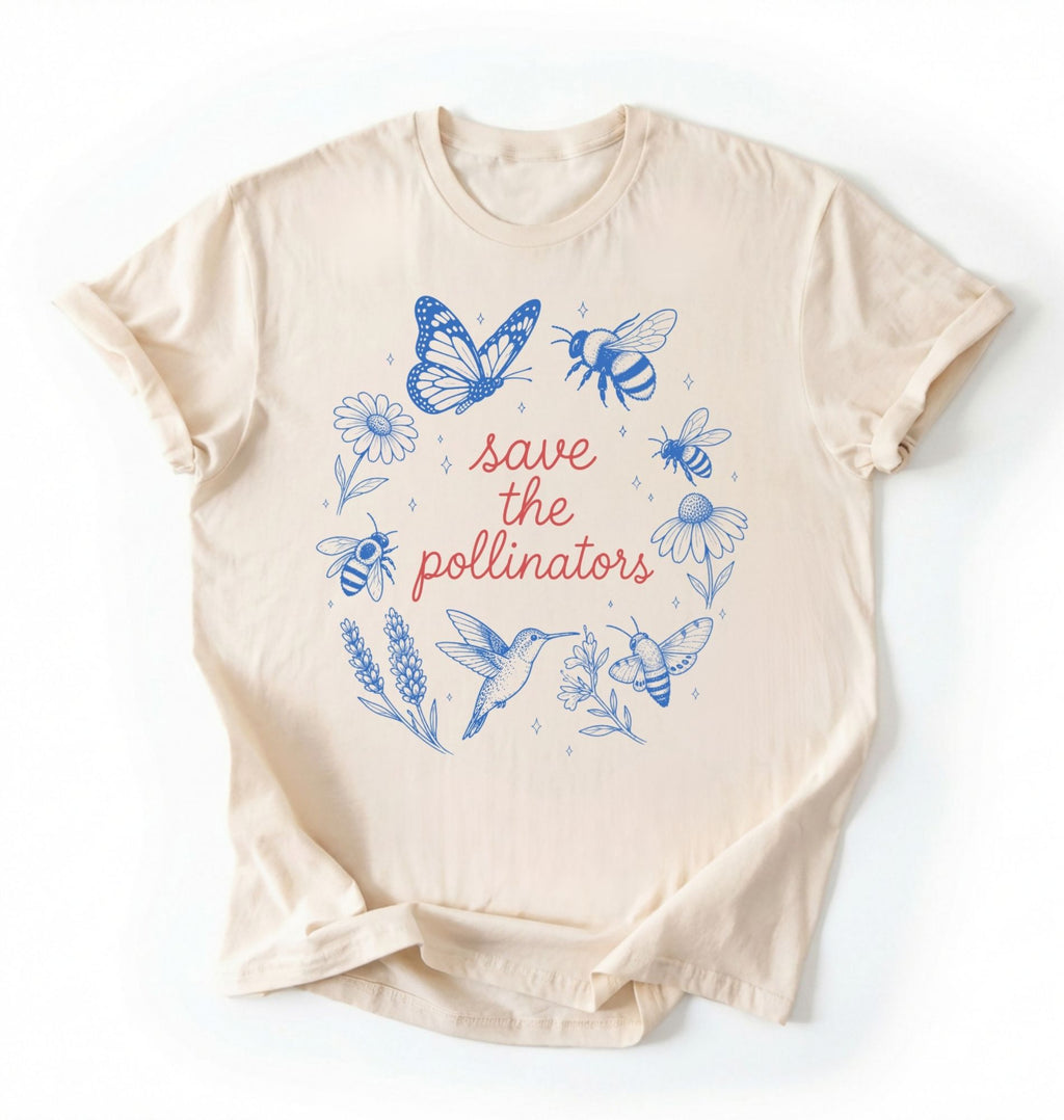 Flat lay of a save the pollinators shirt ivory bee butterfly nature gardening t shirt gift on a white background