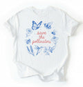 Flat lay of a save the pollinators shirt white bee butterfly nature gardening t shirt gift on a white background