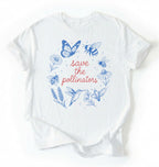 Flat lay of a save the pollinators shirt white bee butterfly nature gardening t shirt gift on a white background
