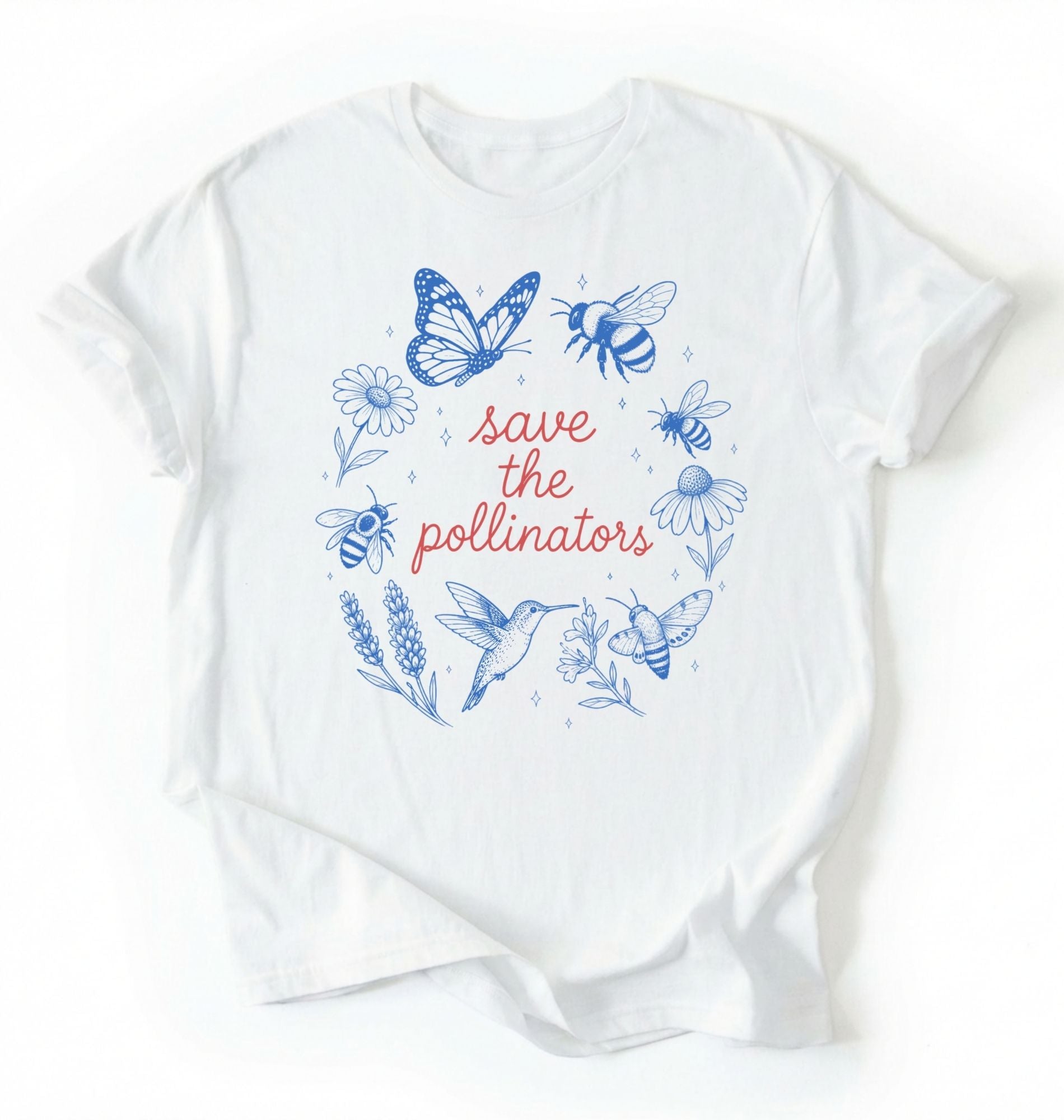 Flat lay of a save the pollinators shirt white bee butterfly nature gardening t shirt gift on a white background