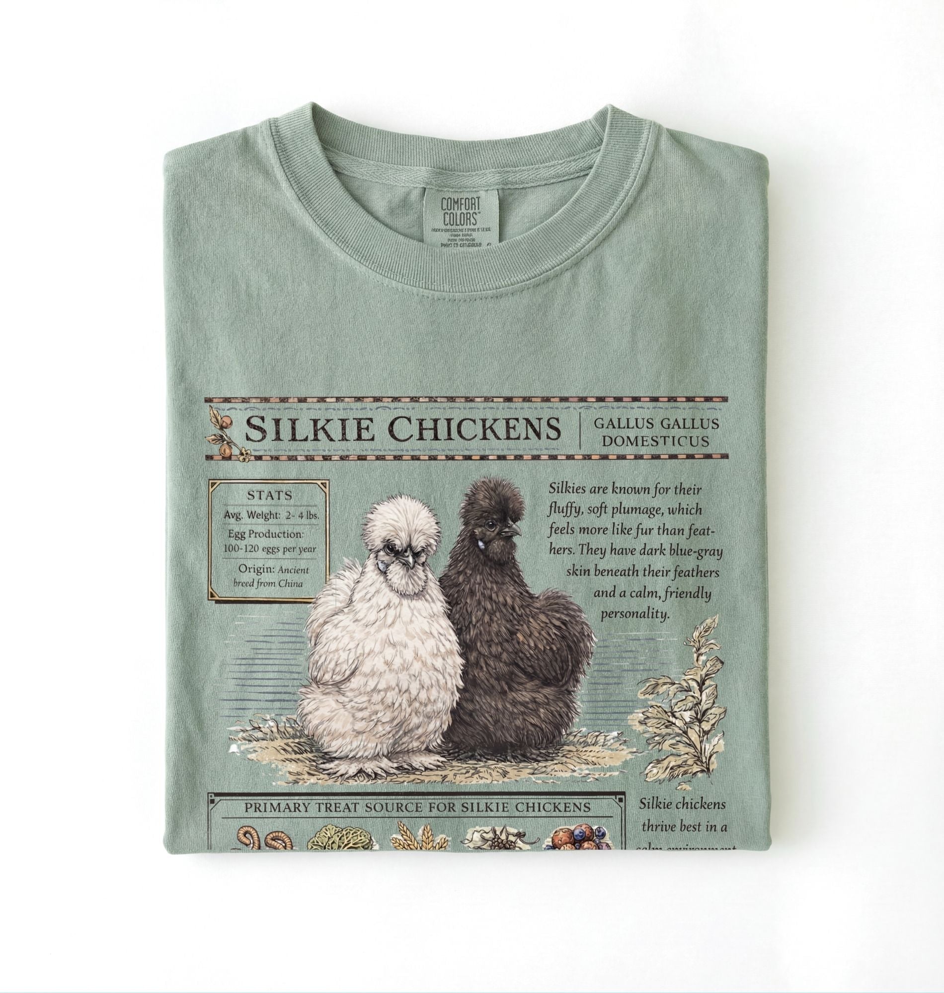 Silkie chickens t-shirt with vintage poultry illustration, soft bay tee for chicken lovers and farm gift