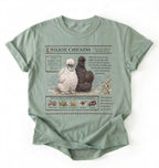 Flat lay of a bay Silkie chickens t-shirt with vintage poultry illustration, soft white tee for chicken lovers and farm gift on a white background