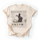 Flat lay of a ivory Silkie chickens t-shirt with vintage poultry illustration, soft white tee for chicken lovers and farm gift on a white background