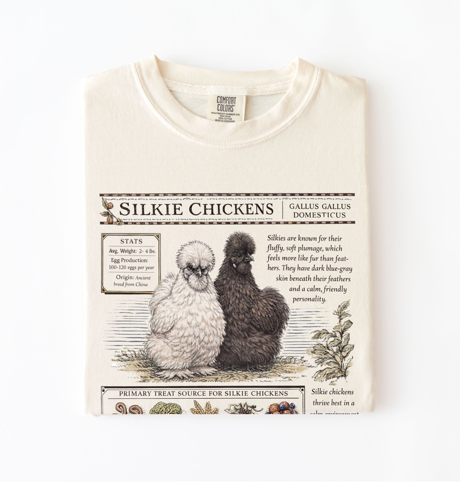 Silkie chickens t-shirt with vintage poultry illustration, soft ivory tee for chicken lovers and farm gift