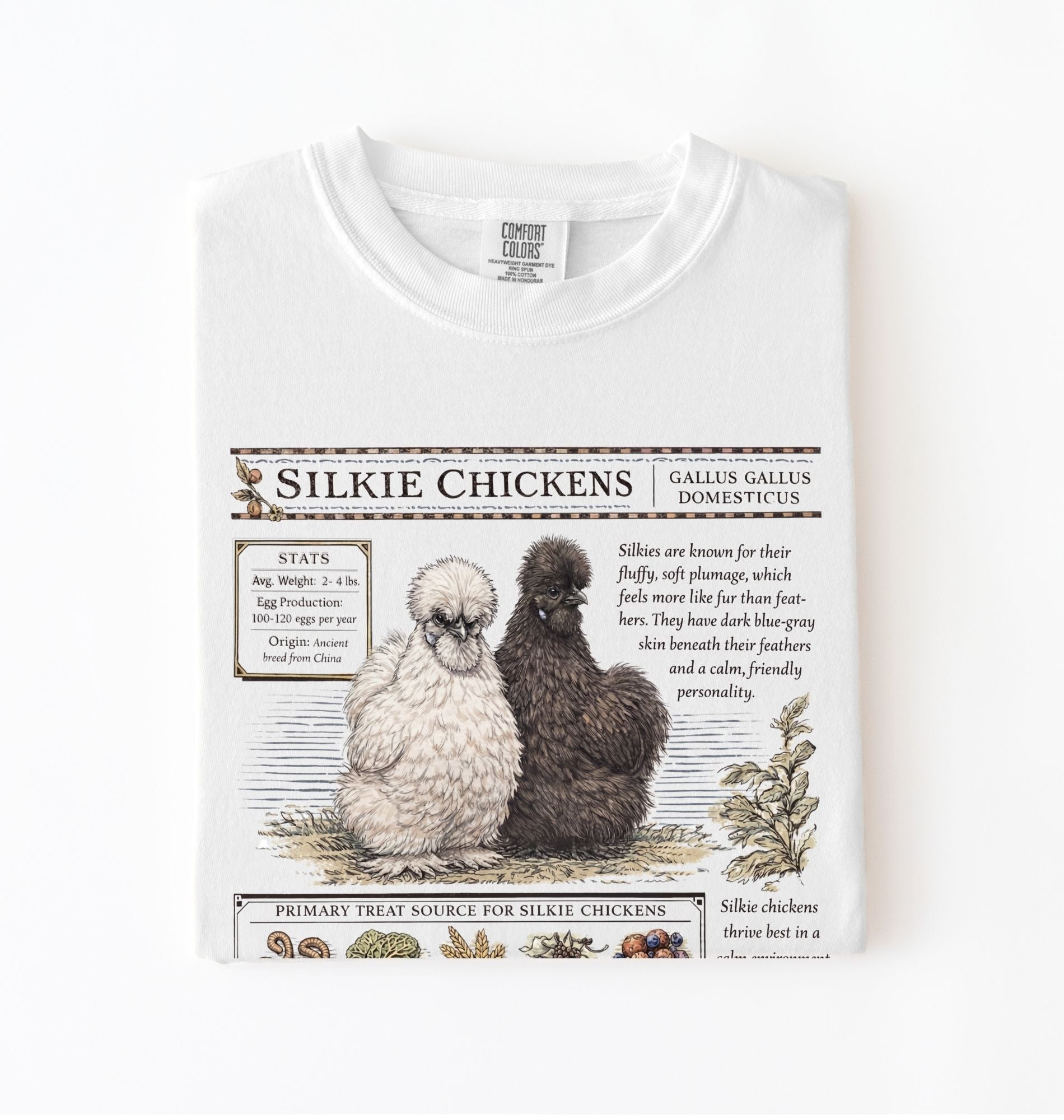 Silkie chickens t-shirt with vintage poultry illustration, soft white tee for chicken lovers and farm gift