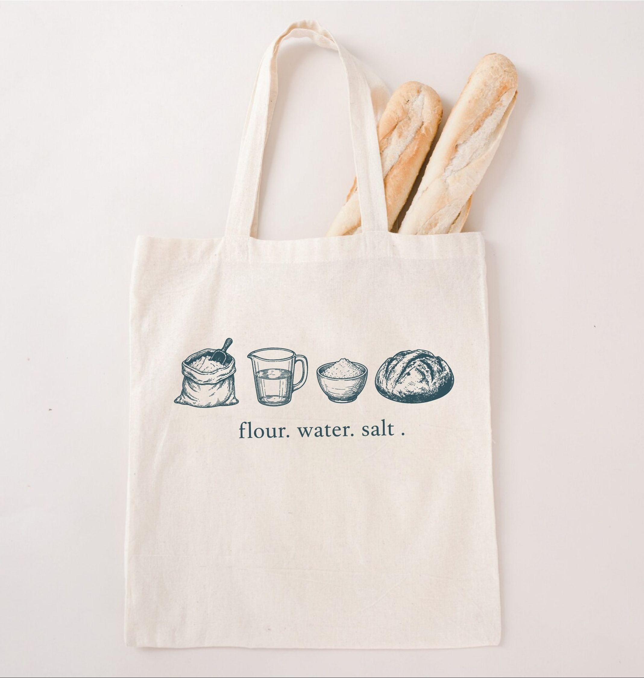 Minimalist bread baking canvas tote featuring artisan baking ingredients