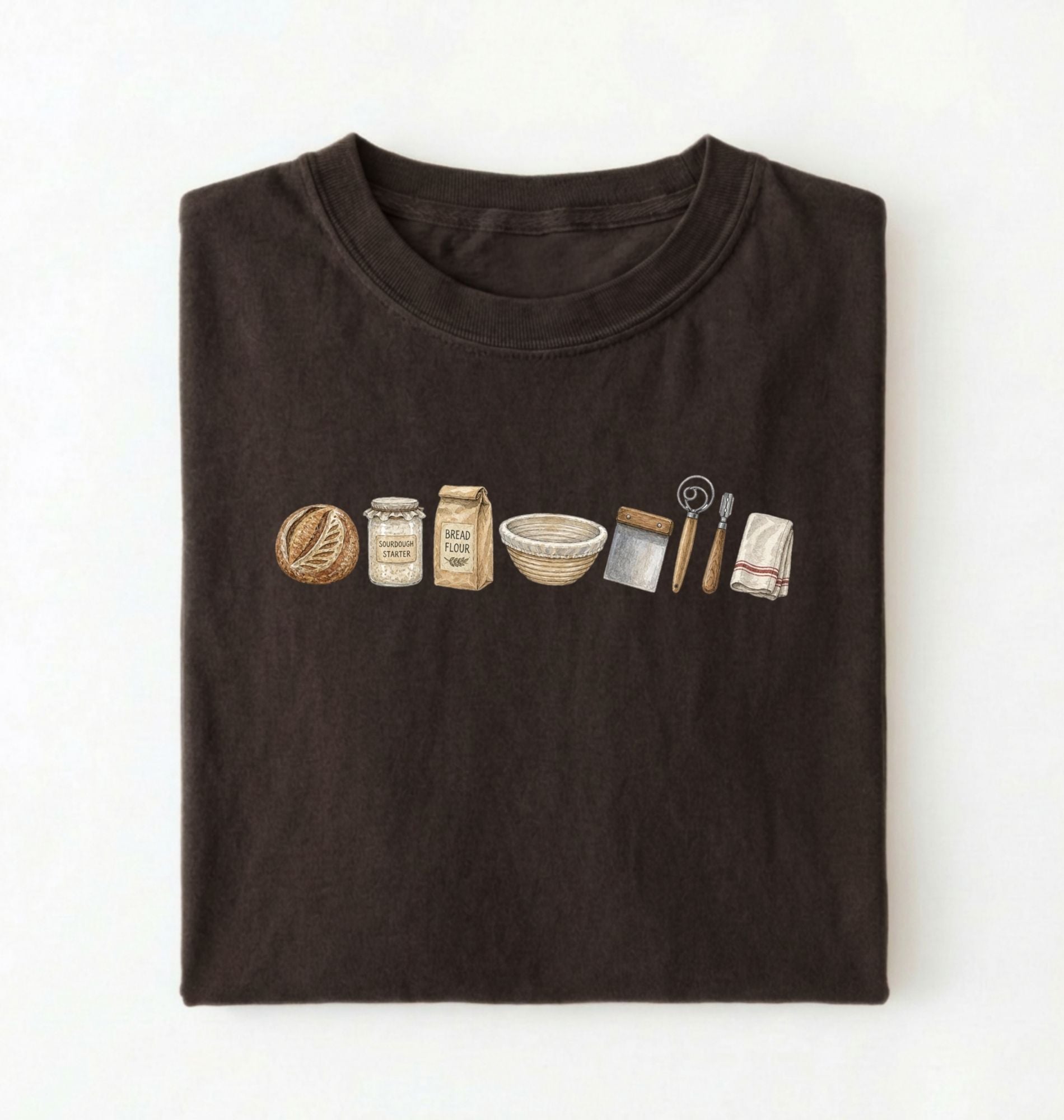 Flat lay of a brown sourdough baking essentials shirt with starter flour dough bowl and bread making tools on a white background 