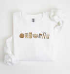 Flat lay of a white sourdough baking essentials sweatshirt with bread starter flour bowl and baking tools on a white background 