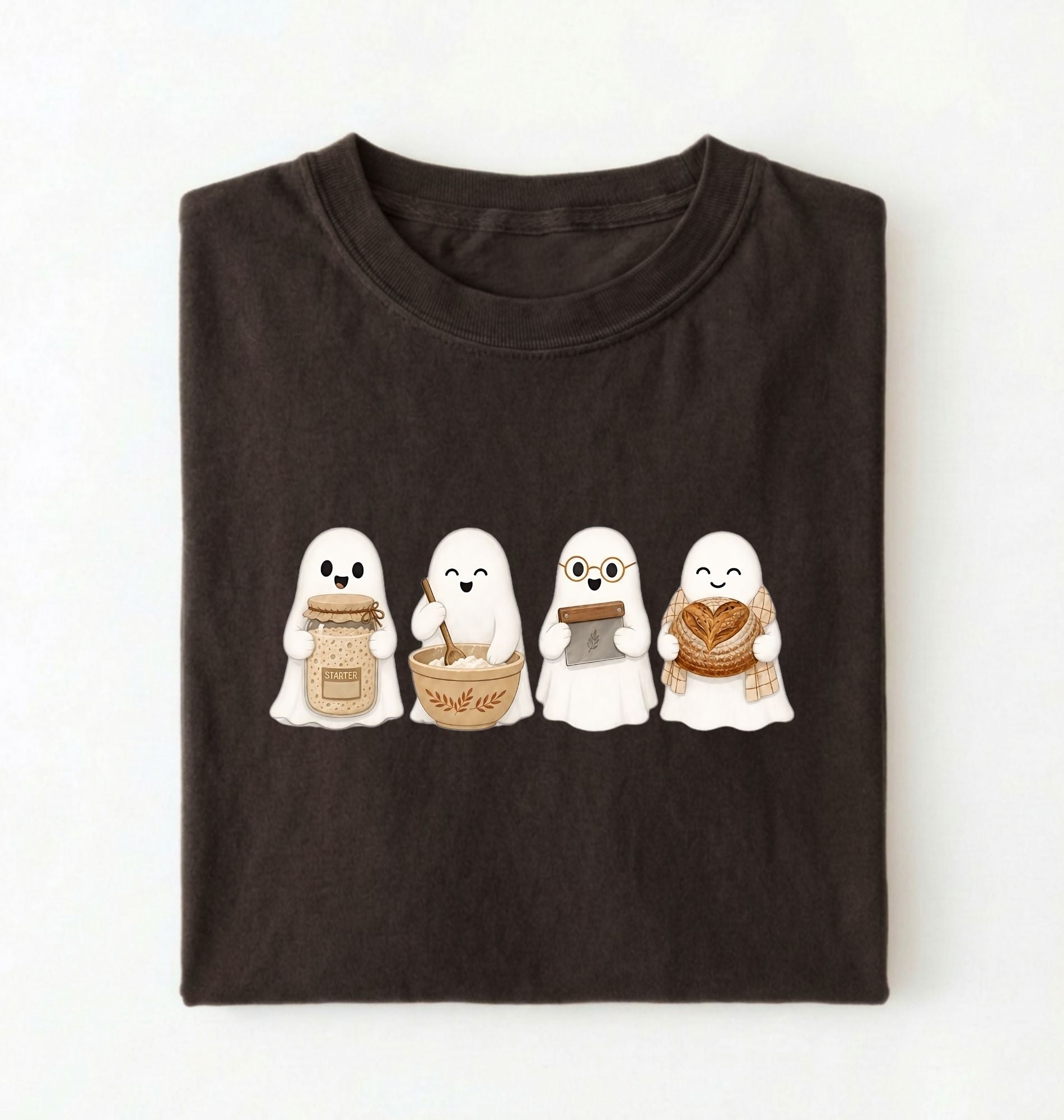 Flat lay of a brown sourdough shirt featuring four cute baking ghosts with a starter jar, mixing bowl, bench scraper and bread loaf on a white background 