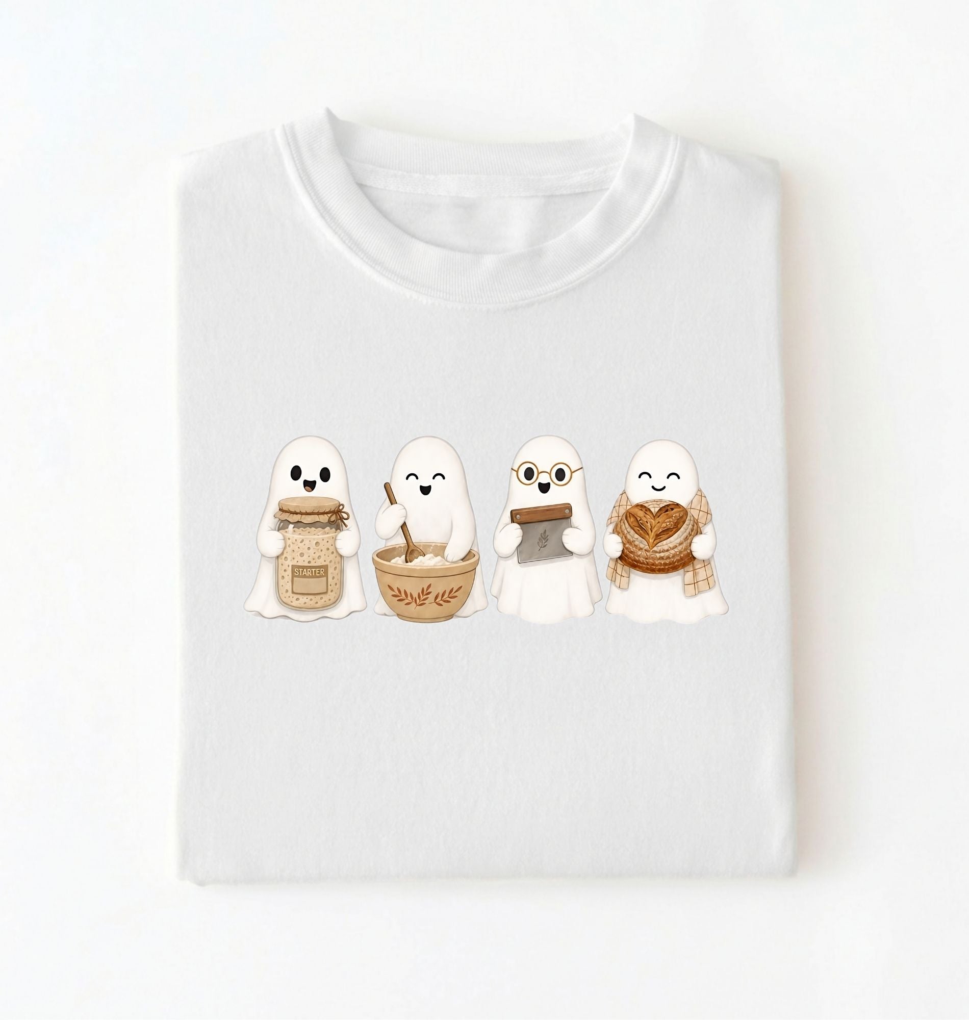 Flat lay of a white sourdough shirt featuring four cute baking ghosts with a starter jar, mixing bowl, bench scraper and bread loaf on a white background 