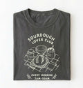 Flat lay of a gray Sourdough Lover Club graphic shirt with artisan bread baking design for sourdough enthusiasts on a white background 
