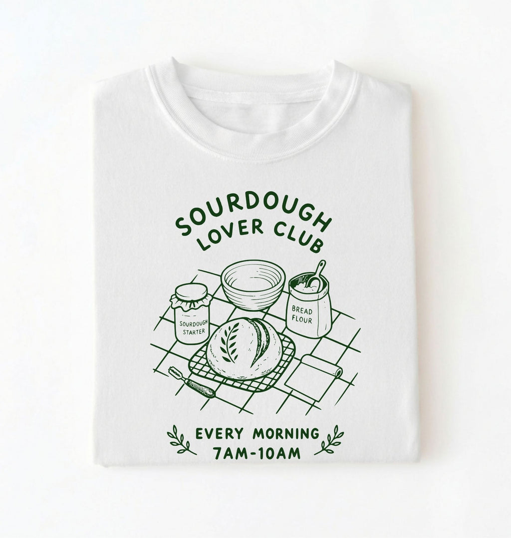 Flat lay of a white Sourdough Lover Club graphic shirt with artisan bread baking design for sourdough enthusiasts on a white background 