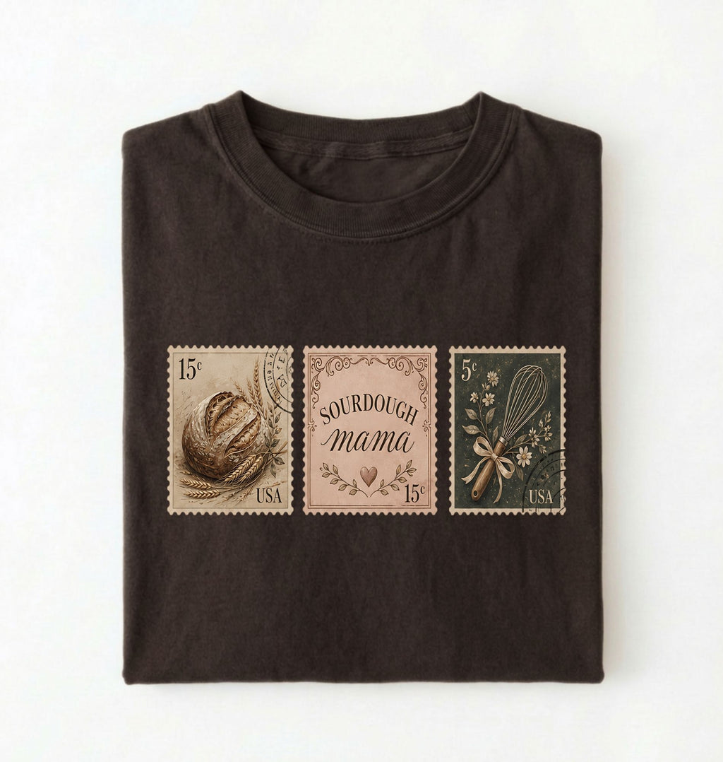 Flat lay of a dark chocolate sourdough mama shirt brown vintage baking stamps t shirt bread lover gift cozy kitchen design on a white background