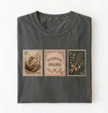 Flat lay of a pepper sourdough mama shirt brown vintage baking stamps t shirt bread lover gift cozy kitchen design on a white background
