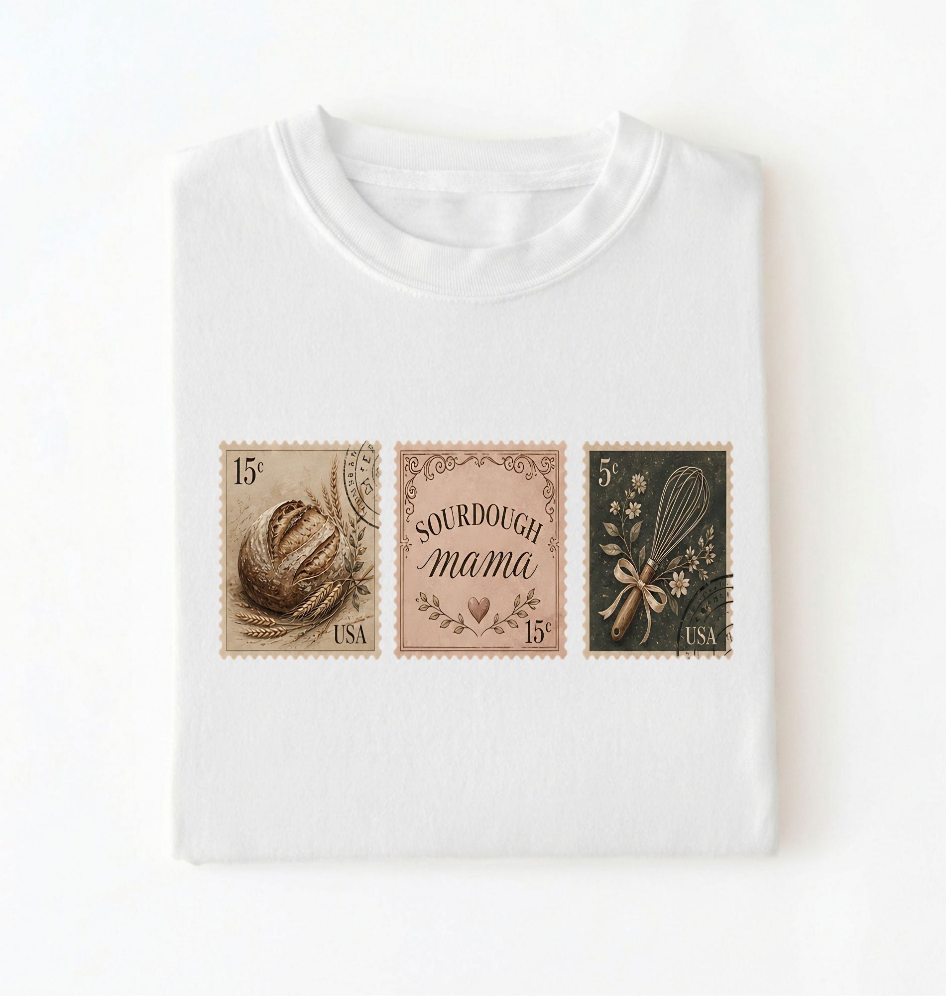Flat lay of a white sourdough mama shirt brown vintage baking stamps t shirt bread lover gift cozy kitchen design on a white background