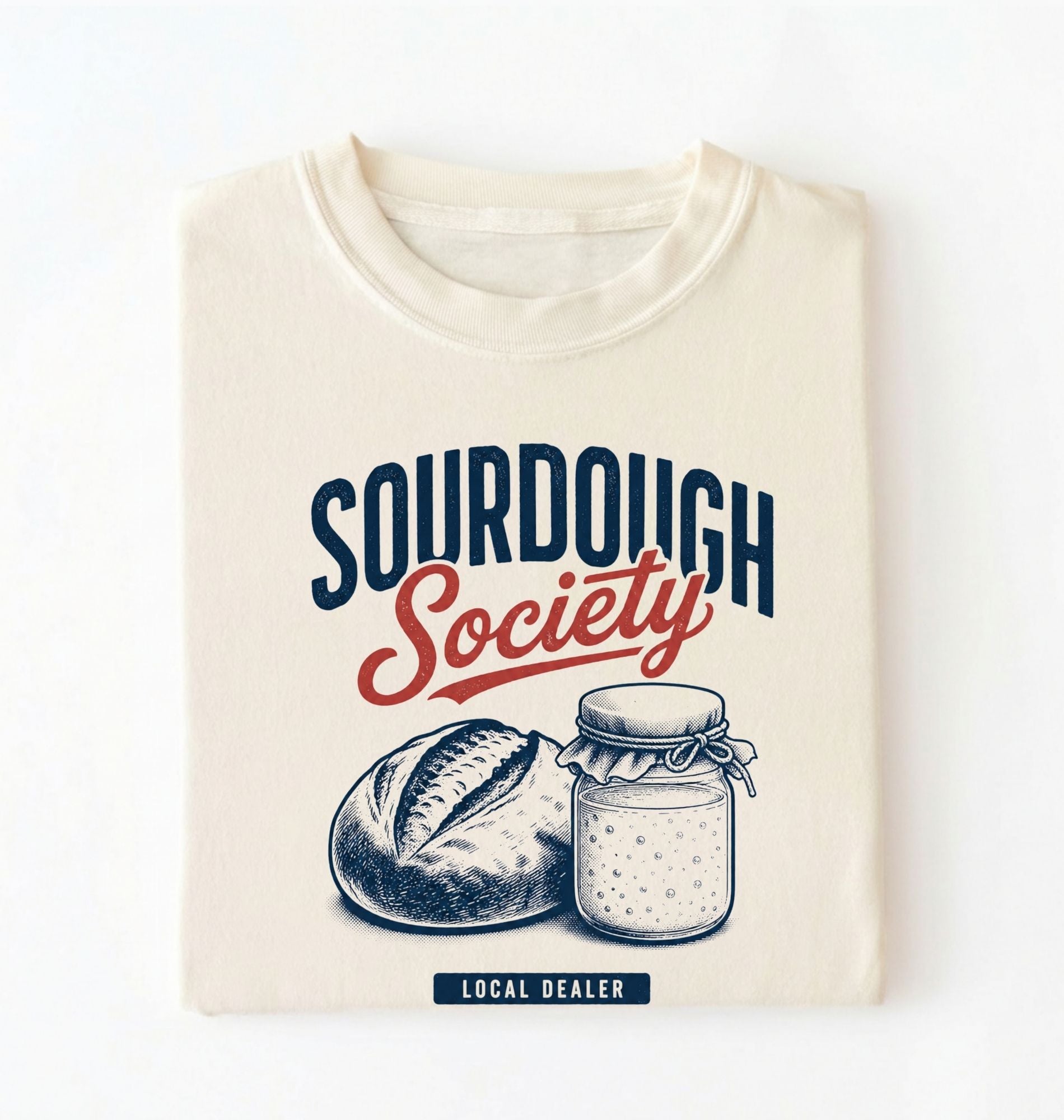 Flat lay of a cream sourdough society shirt with artisan bread and sourdough starter jar for bread bakers on a white background 