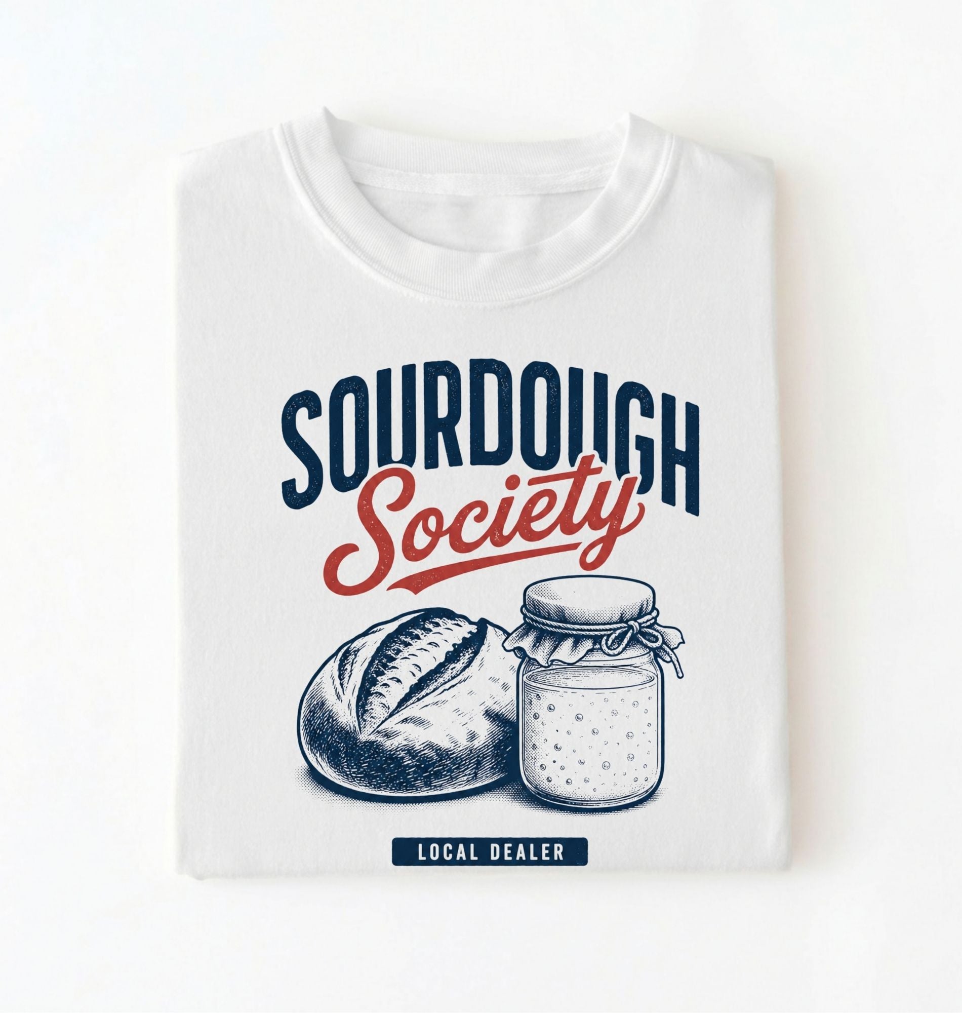 Flat lay of a white sourdough society shirt with artisan bread and sourdough starter jar for bread bakers on a white background 