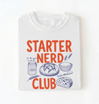 Flat lay of a white starter nerd club shirt with sourdough starter jar bread and baking illustrations funny baker gift on a white background 